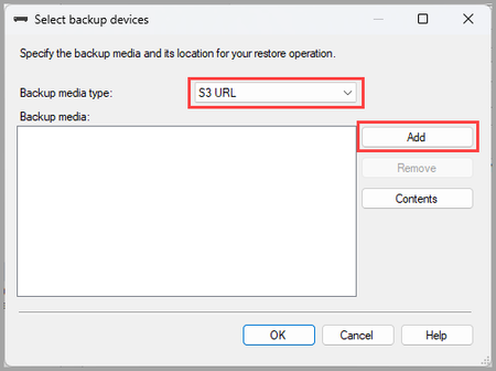 Screenshot of S3 URL option for Backup media type