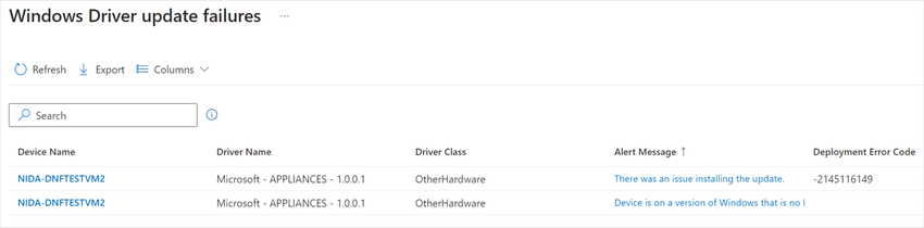 Screenshot of the Windows Driver update failures report in Intune