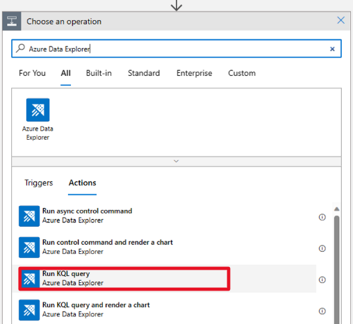 Easily run a KQL auery in Azure Data Explorer from within Logic Apps.