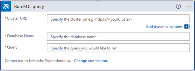 Fill in cluster URL, Database name and desired KQL Query.