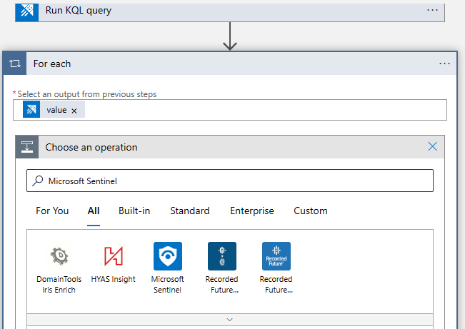 Select "Microsoft Sentinel" for the next operation.