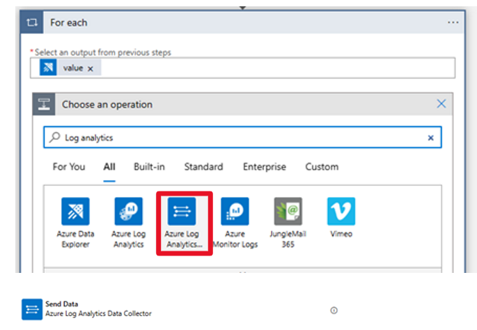 Select the operation to Send Data to an Azure Log Analytics Workspace.