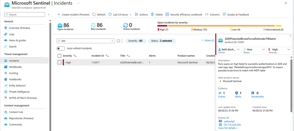 The Threat Intelligence Rule Template found a match against the ADX Dataset!