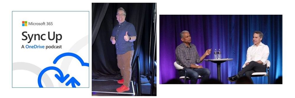 The Intrazone guest audio segments: Sync Up logo represents co-hosts – Stephen Rice (Principal PM) and Arvind Mishra (Principal PM), Jason Moore (VP of Microsoft Lists and OneDrive) – thumbs up and ready to take the Microsoft 365 Conference opening keynote stage, and Rajesh Jha (EVP of Experiences + Devices) speaking with Jeff Teper (President of Collaborative Apps and Platforms – Microsoft) – during their fireside chat about the Office 365 customer journey.