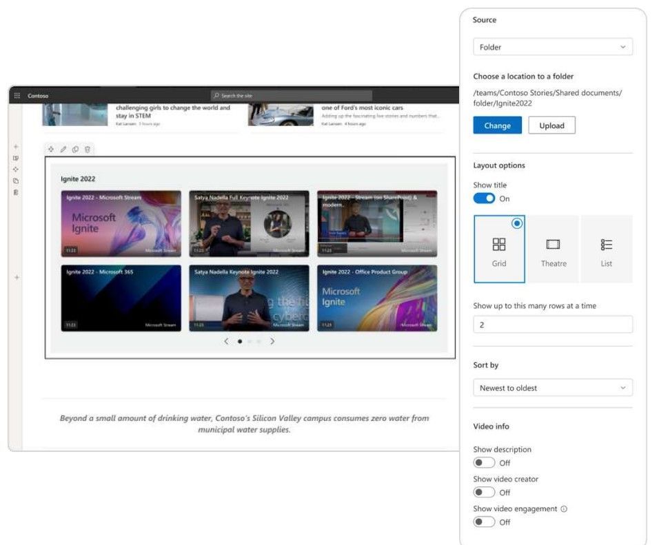 The updated Stream web part is in use on a SharePoint page in Microsoft 365 - showing both the web part with videos and its associated edit pane.