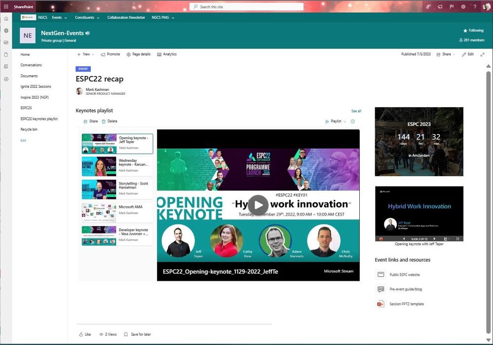 Using the List web part to view a Stream Playlist on a SharePoint page alongside additional content - a PowerPoint presentation, countdown to the next event, and quick links to event links and resources.
