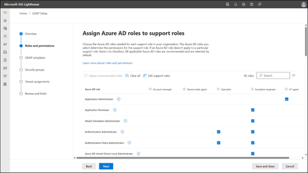 An image of the GDAP setup wizard showing the tiers of permissions within Microsoft 365 Lighthouse.