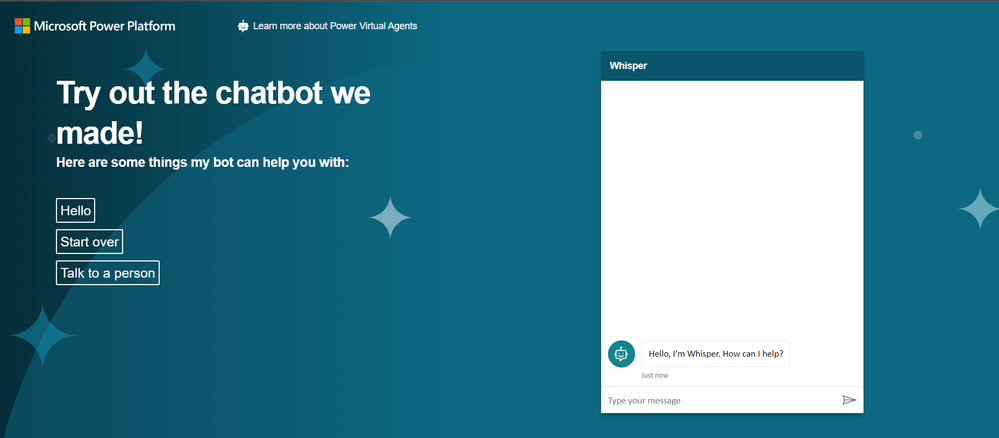 Chatbot named "Whisper" built using Power Virtual Agent