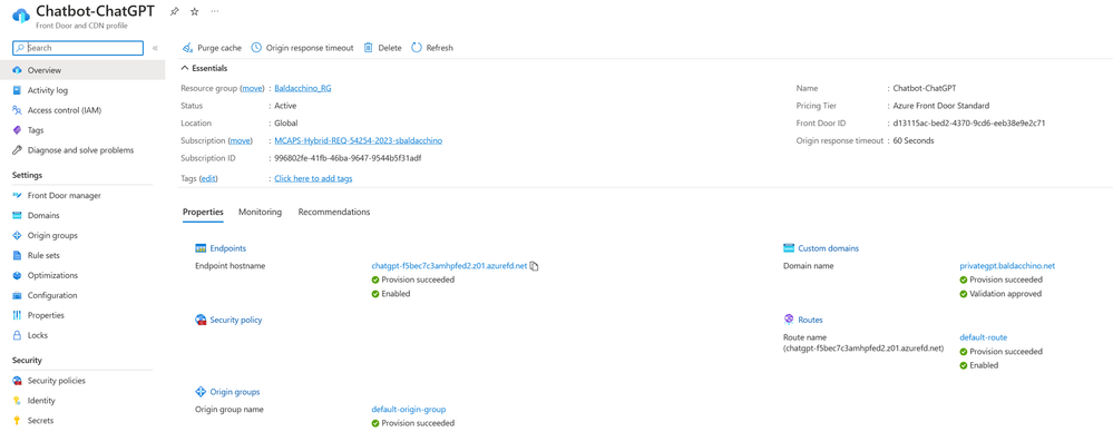 AFD configured, showing the AFD distribution FQDN along with the origin