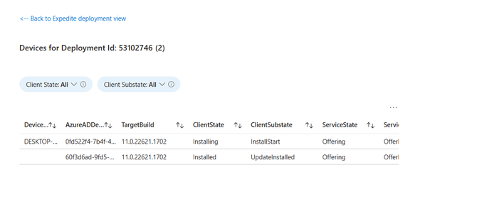The detailed view of two devices for a specific deployment ID, along with their Azure AD details, target build, client state, and others