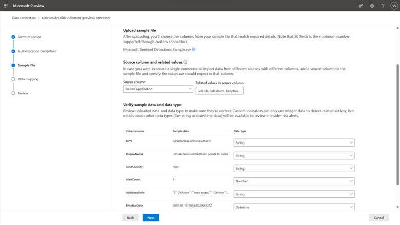 Figure 7 Admins define the data type and mapping that will be available to review in insider risk alerts