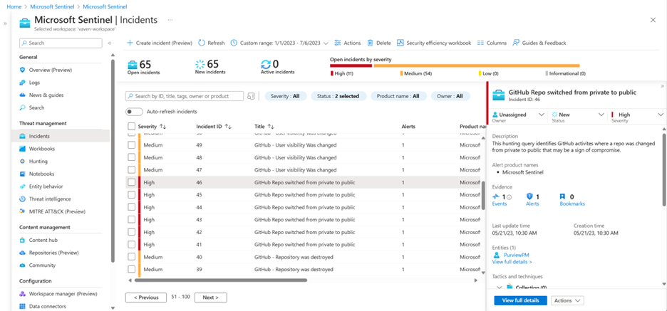 Figure 5 Admins can view the incidents and  alerts corresponding to the Analytics rules configured