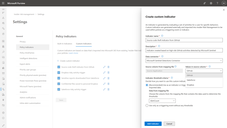 Figure 9 Admins create a new custom indicator, Source code theft indicator from GitHub, as an indicator or policy trigger