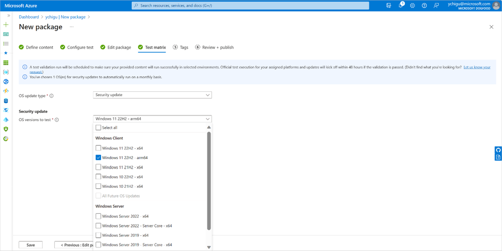 Screenshot of the Test matrix step in the New package page within Azure