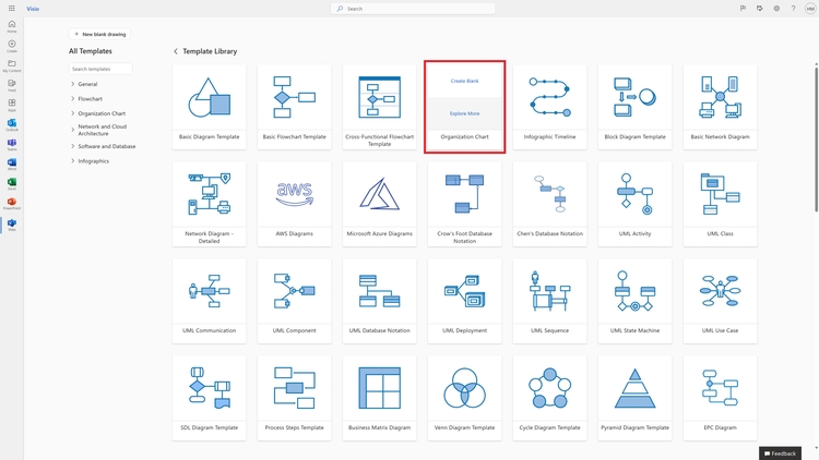 An image of the new Visio Templates page demonstrating how to create a new diagram from a blank template or explore more sample diagrams by hovering over a template card.