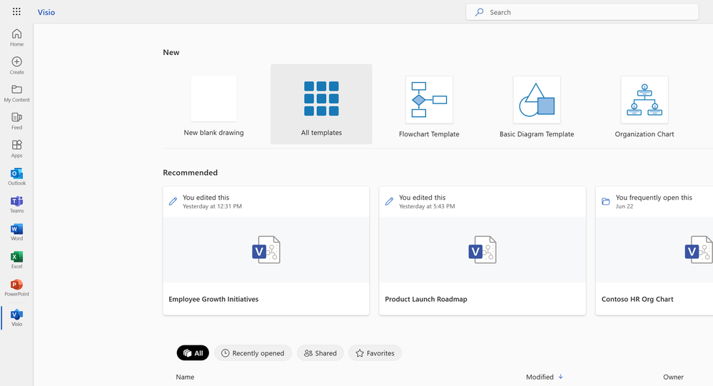A cropped image of the Visio homepage on Microsoft365.com demonstrating how to access the new Templates page.