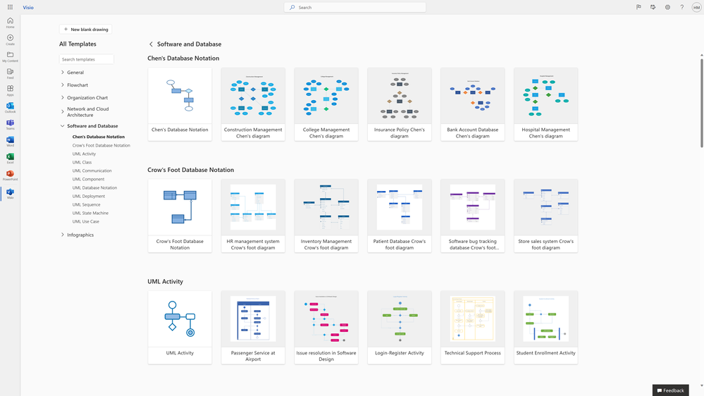 An image of the new Visio Templates page showing the available sample diagrams under the Software and Database category.