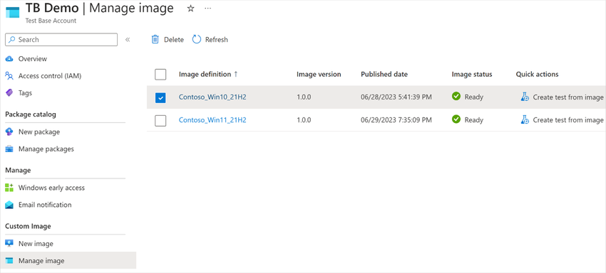 Screenshot of the Manage image menu within Test Base Demo and showing the option to Create test from image