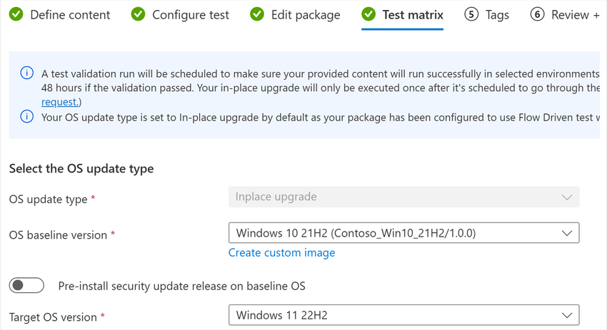 Screenshot of Test matrix showing options under Select the OS update type