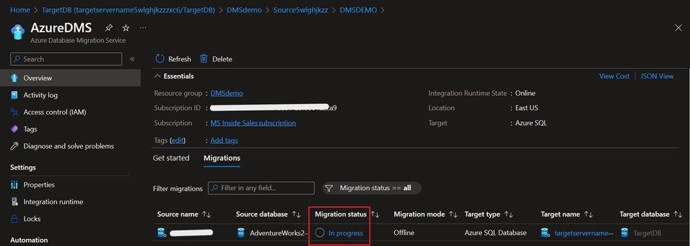 Monitor the migration status to In Progress