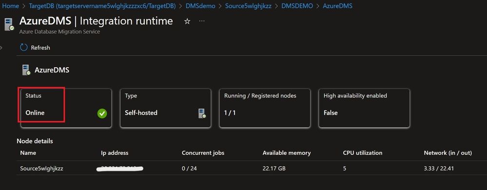 screenshot displays Self-hosted Integration runtime status online.