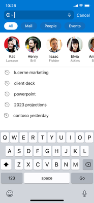 Image of Outlook mobile showing search results before typing anything