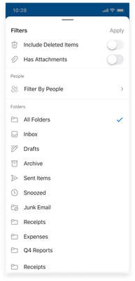 An image of Outlook for Android showing Search filters