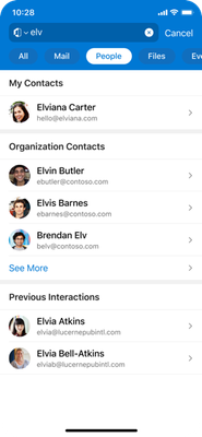 An image of Outlook for iOS showing people search with 3 sections