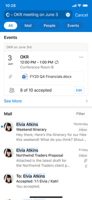 An image of Outlook for Android showing search results from the calendar