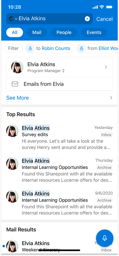 Image of Outlook mobile showing dynamically generated refiners in the search results