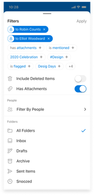 Image of Outlook mobile showing dynamic filters in the filter panel