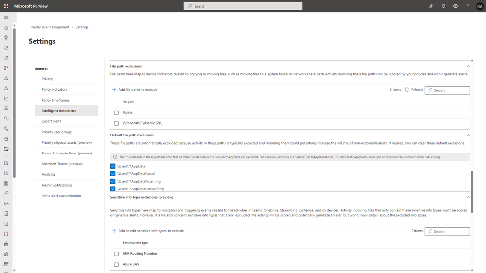 Figure 4 Security teams can configure exclusions in insider risk settings to reduce noise and unnecessary alerts