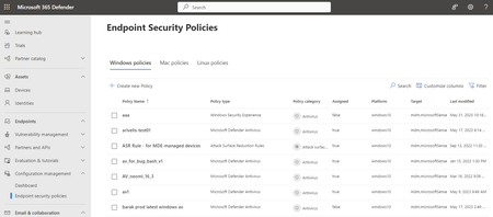 Image 1: Security policy interface in the Microsoft 365 Defender portal
