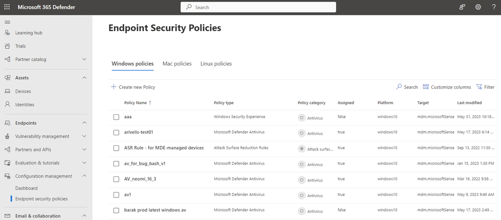 Image 1: Security policy interface in the Microsoft 365 Defender portal