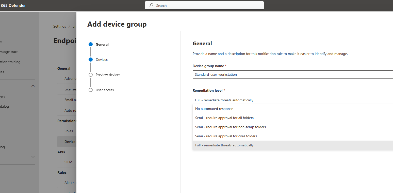 discovering options such as adding device groups in defender ...
