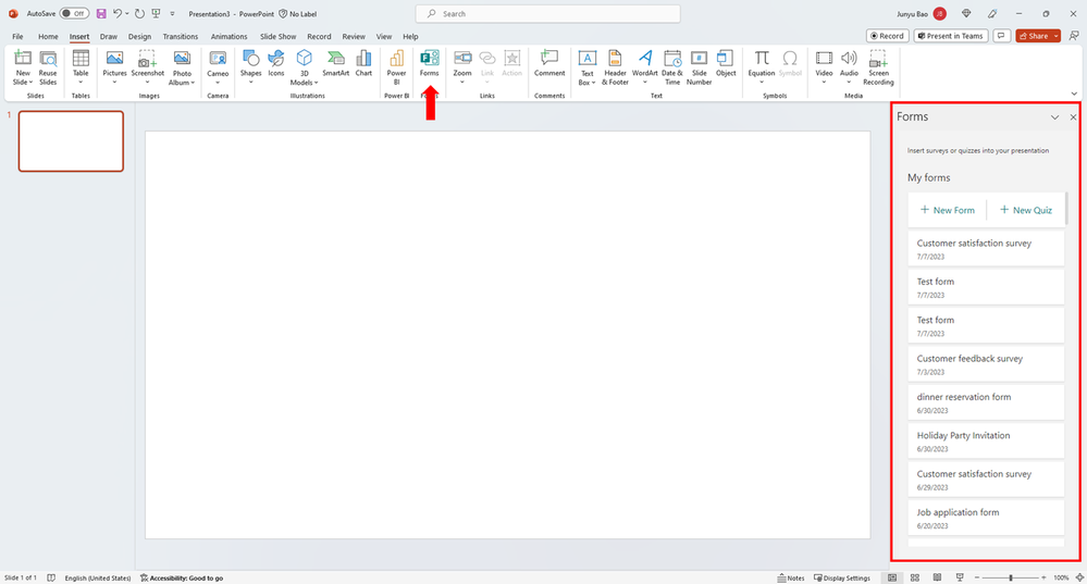 Insert a form/quiz into PowerPoint from the ribbon