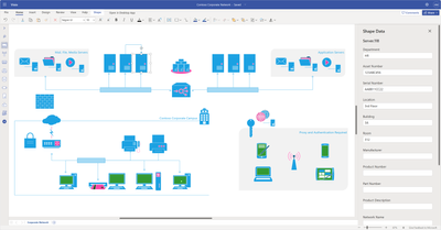 An image of a network diagram in Visio for the web demonstrating how the Shape Data pane opens to the right of the canvas. In this view, the Shapes pane is collapsed to show the full network diagram.