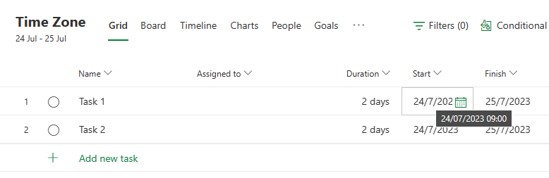 Schedule showing start time of task 1 is 9am