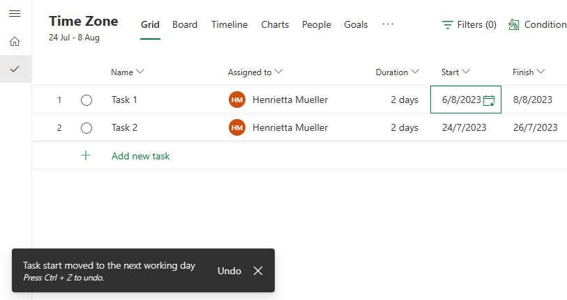 Schedule showing the changed start date to August 6th