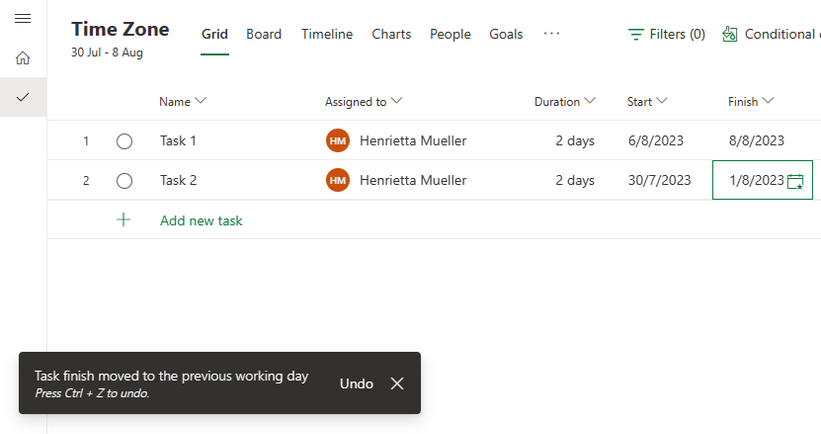 Schedule showing the pop-up that tells that the task moved to the previous day