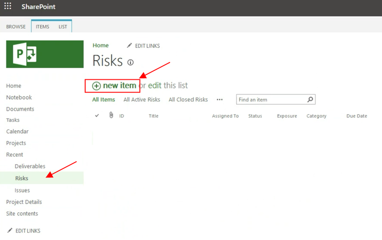 Screenshot of a SHarePoint site showing the Risks list page