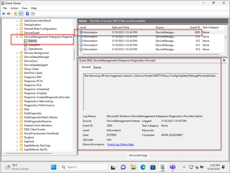 A screenshot of the Event Viewer open to the DeviceManagement-Enterprise-Diagnostic Admin pane with the details for the informational event highlighted.