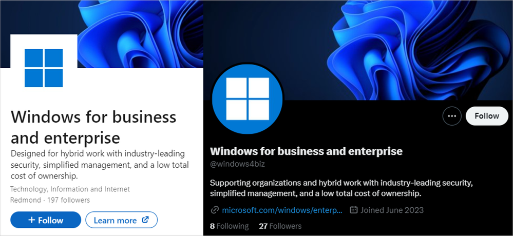 Screenshot of the Windows for business and enterprise LinkedIn and Twitter page