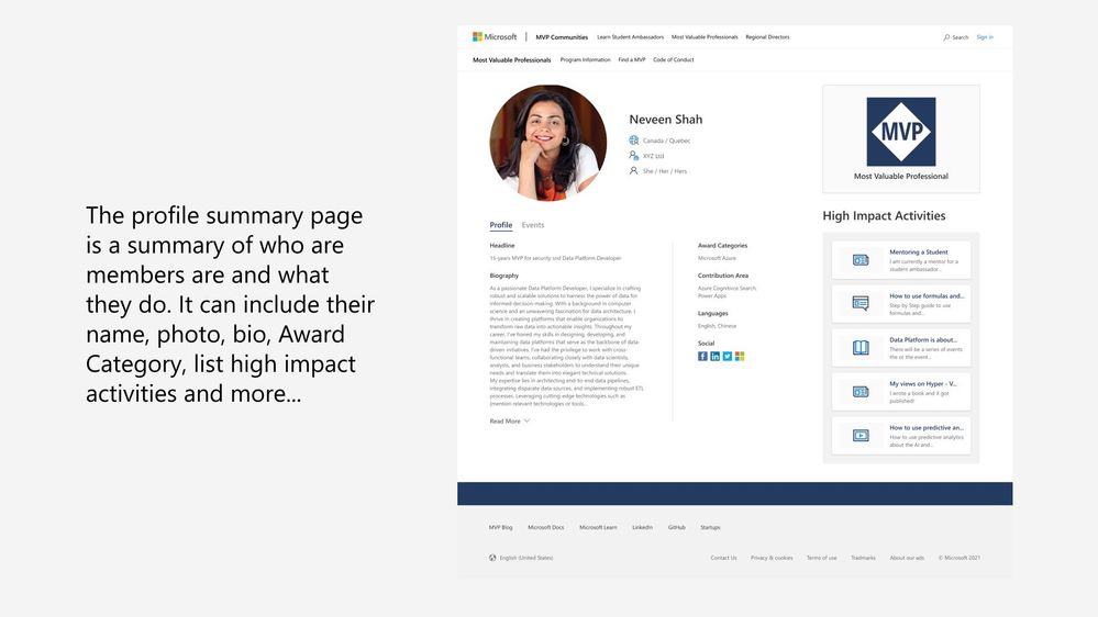 Image of an MVP Profile summary page
