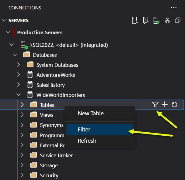 Screenshot of Filter icon and right-click option in Object Explorer