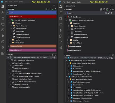 Screenshot of the expanded server and Azure trees in Object Explorer for ADS 1.44 and 1.45