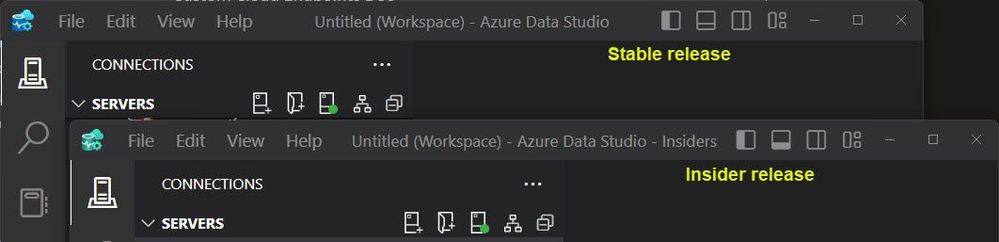 Screenshot of the Azure Data Studio toolbar for the stable and Insider releases