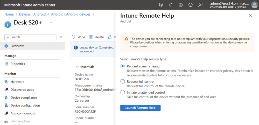 Screenshot of the Intune Remote Help menu with the option to Request screen sharing selected