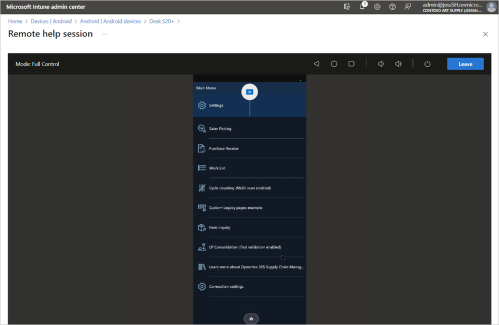 Screenshot of the Remote help session menu in the admin center, and the mode is on Full Control