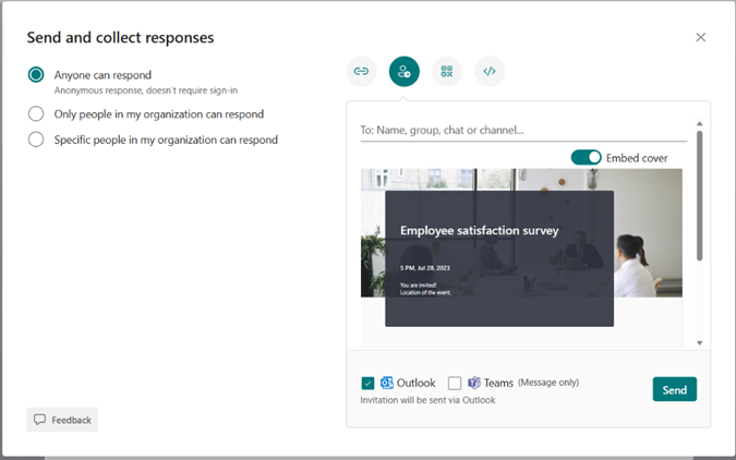 Distribute forms via typing into name, group, chat or channel
